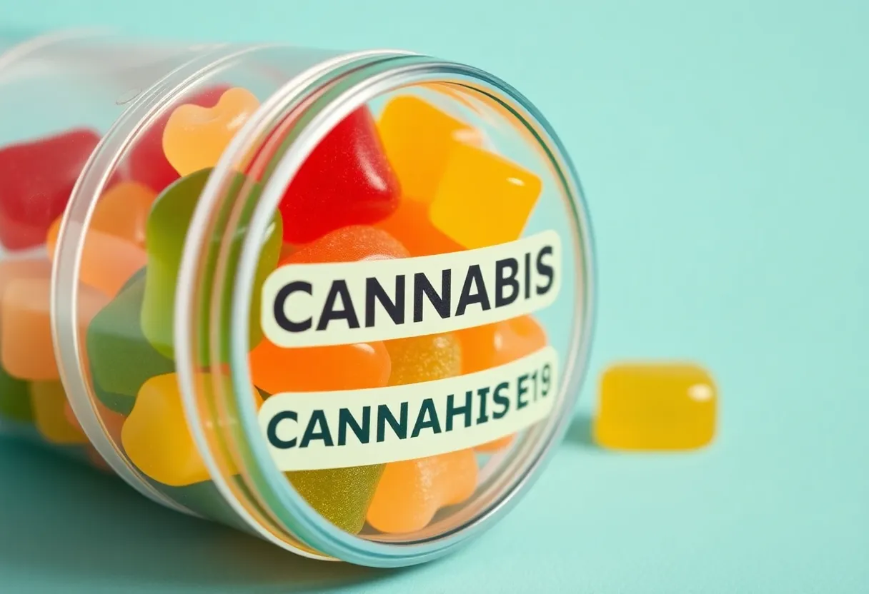 Colorful gummy candies in a childproof container