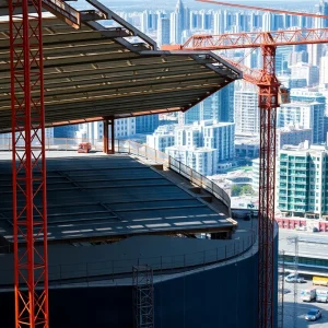 Construction crew working on the new roof at Tropicana Field