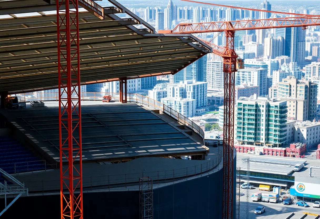 Construction crew working on the new roof at Tropicana Field