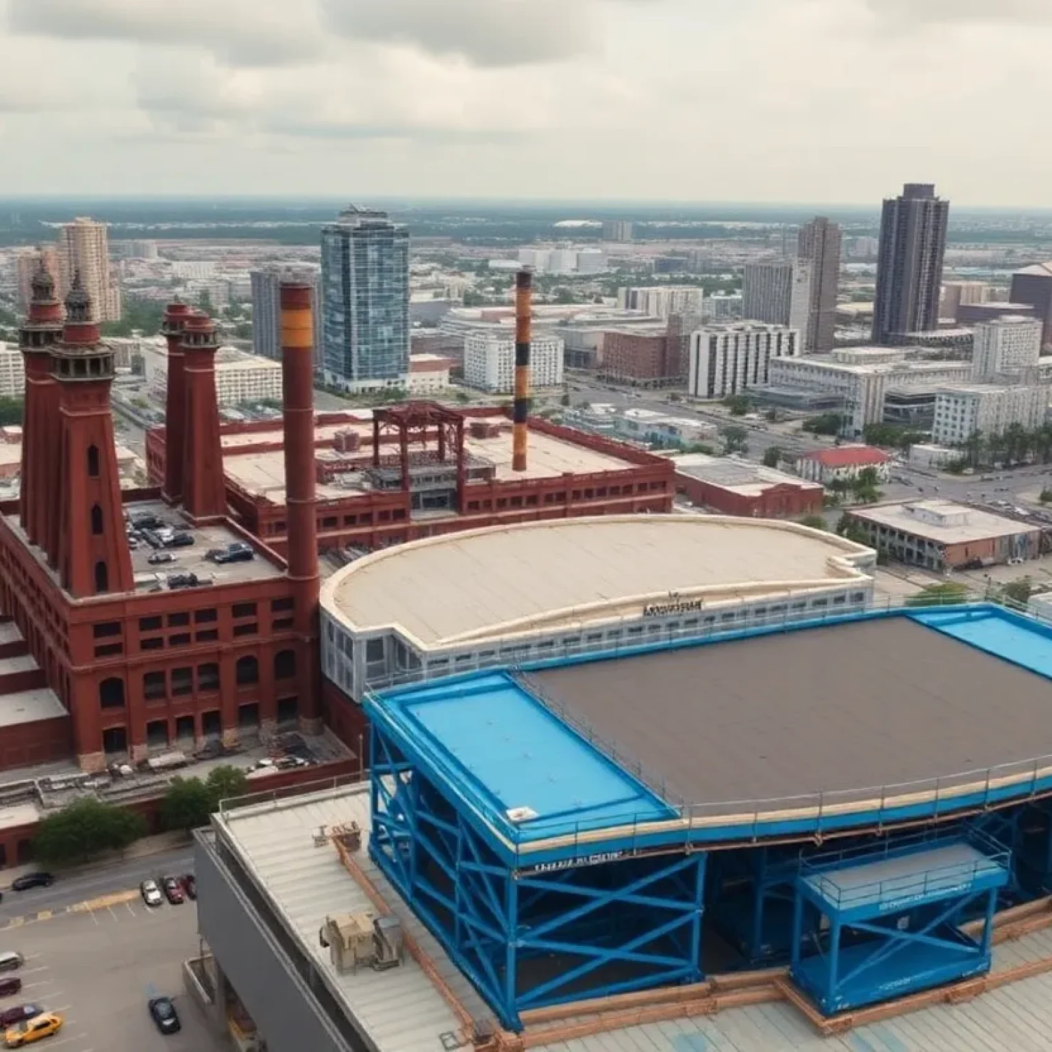 Aerial view of Tropicana Field with blue platforms for repairs in the Gas Plant District.
