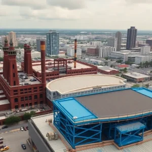 Aerial view of Tropicana Field with blue platforms for repairs in the Gas Plant District.