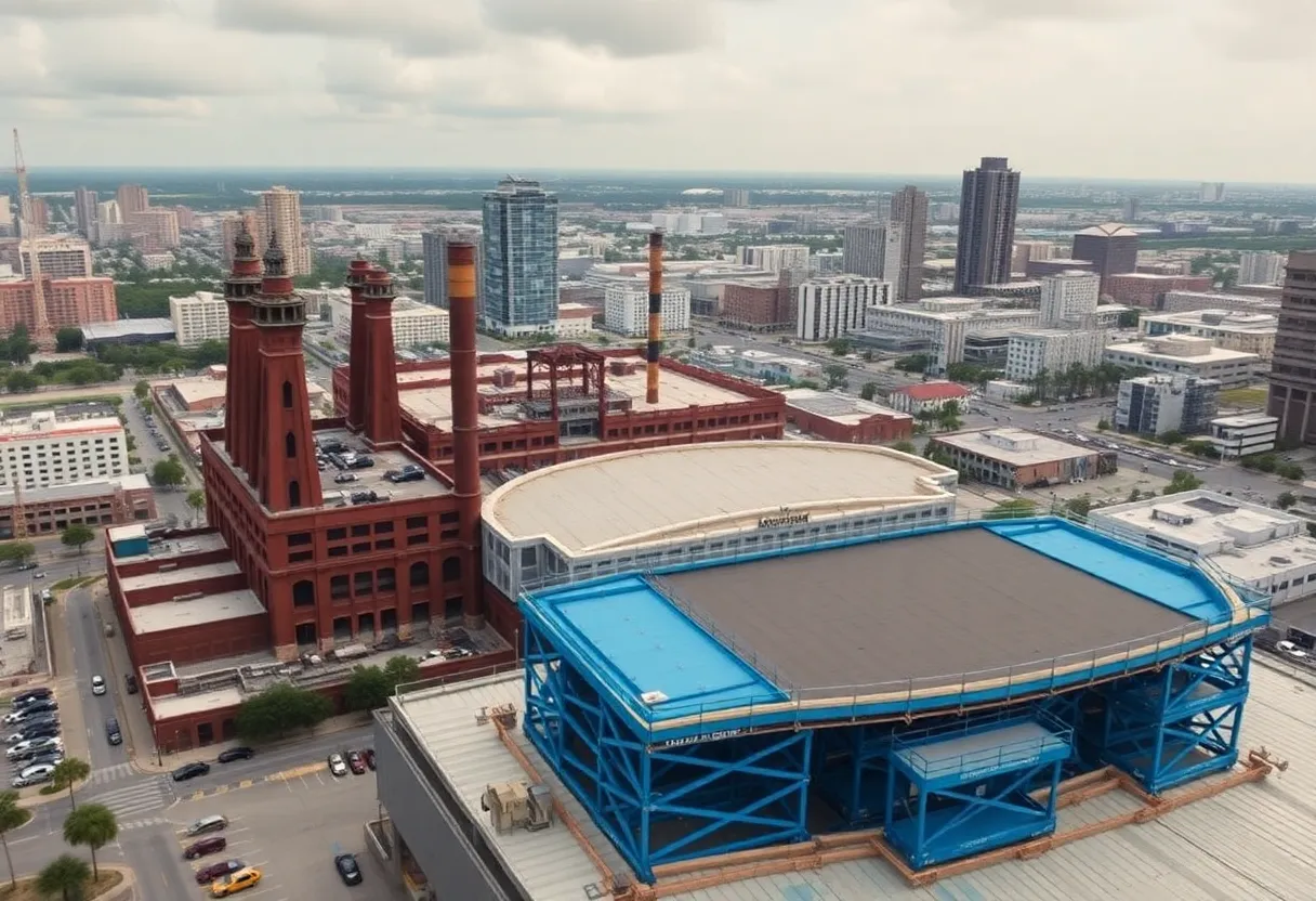 Aerial view of Tropicana Field with blue platforms for repairs in the Gas Plant District.