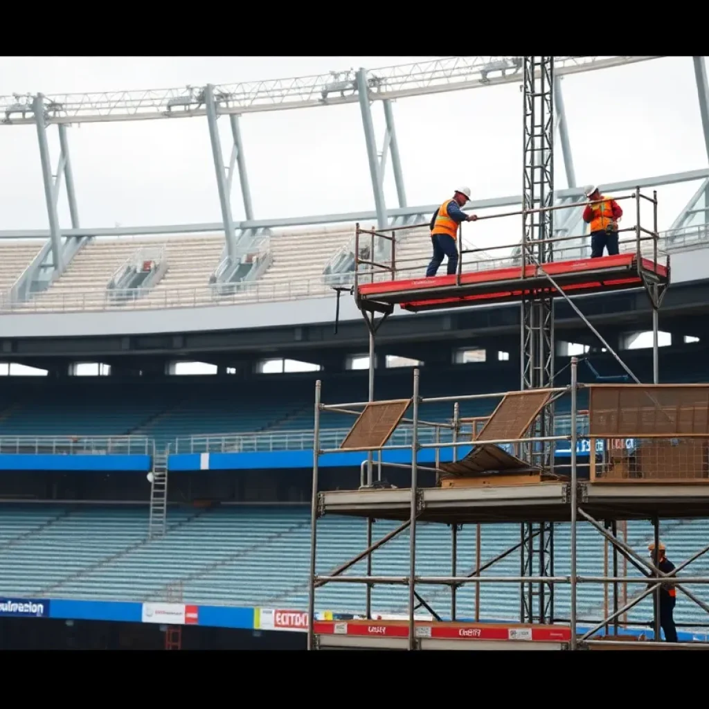 Construction work at Tropicana Field with scaffolding and fencing for repairs.