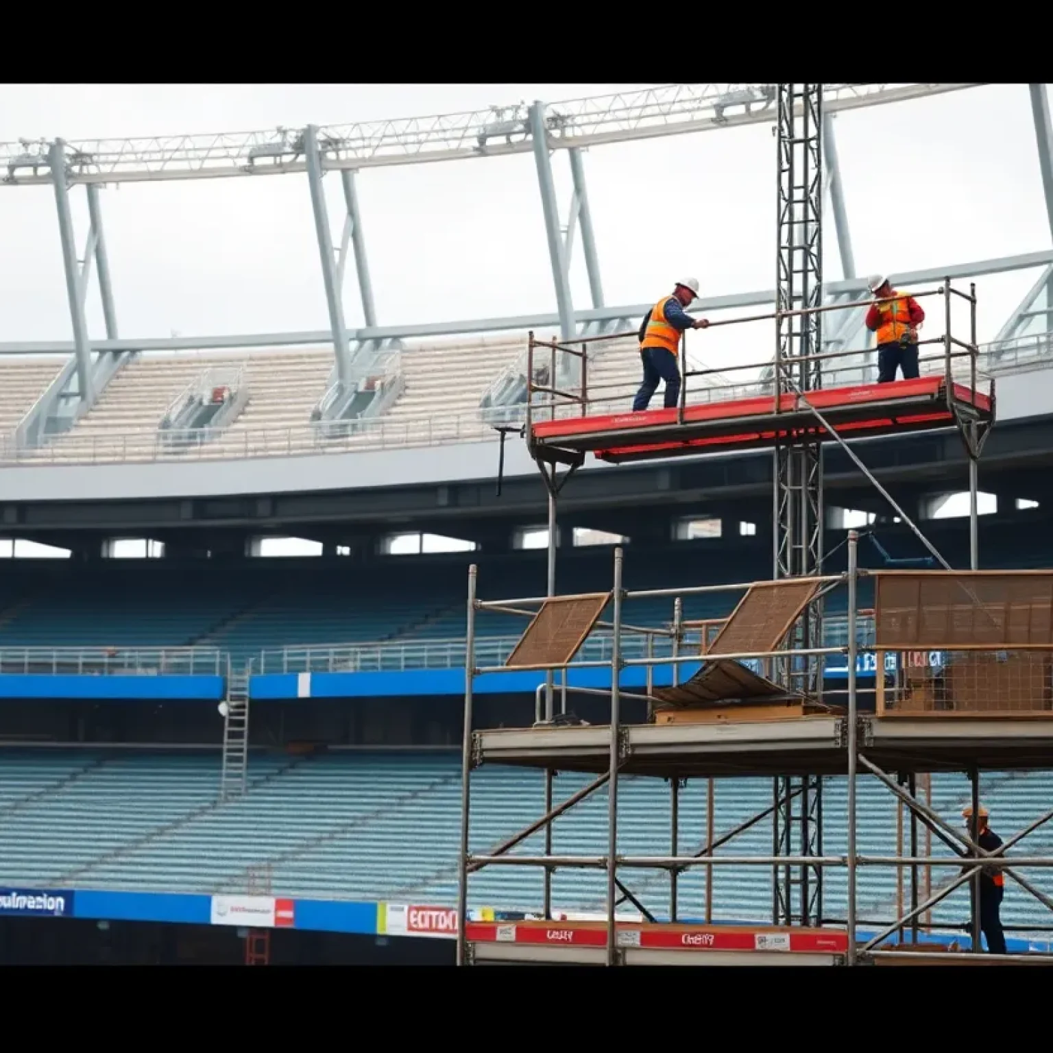 Construction work at Tropicana Field with scaffolding and fencing for repairs.