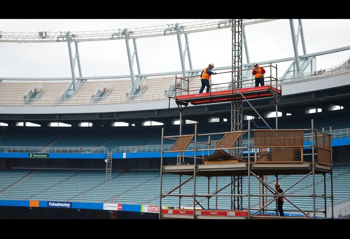Construction work at Tropicana Field with scaffolding and fencing for repairs.
