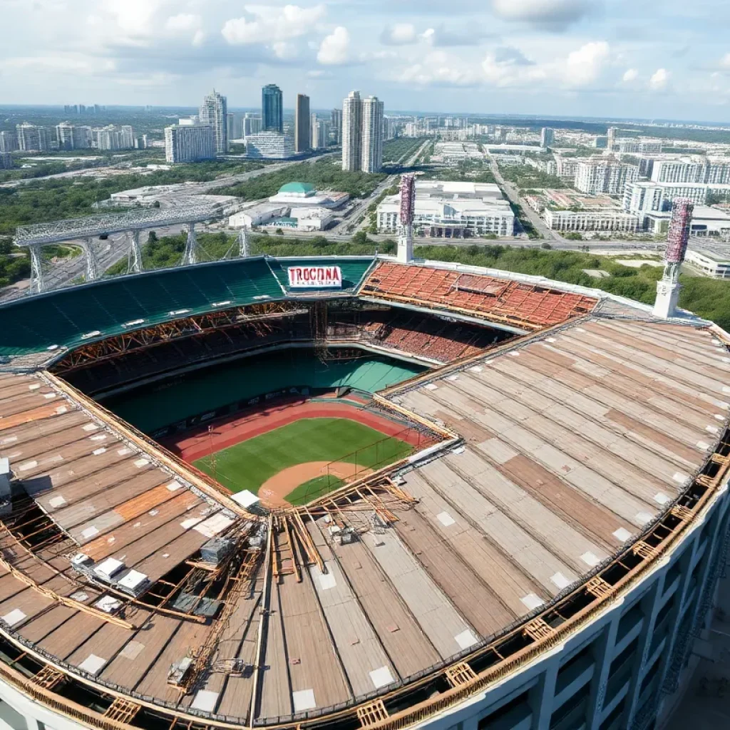 Damage assessment at Tropicana Field with workers present.