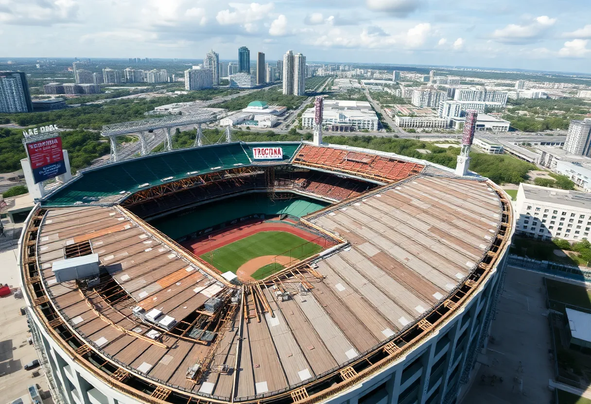 Damage assessment at Tropicana Field with workers present.