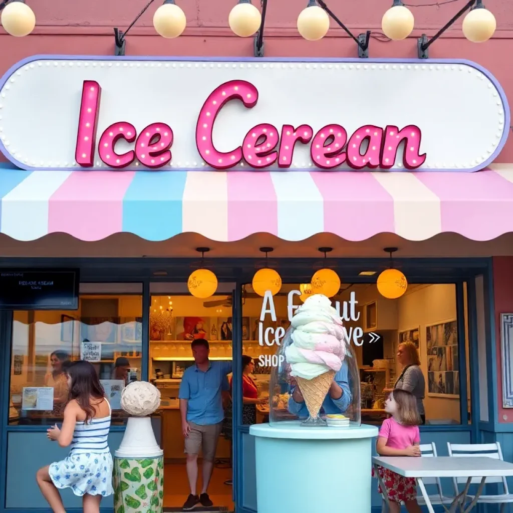 Exterior view of Wildflower Ice Cream shop with people enjoying ice cream