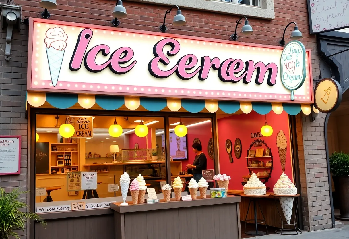 Exterior view of Wildflower Ice Cream shop in St. Petersburg with colorful signage and soft serve ice cream cones.