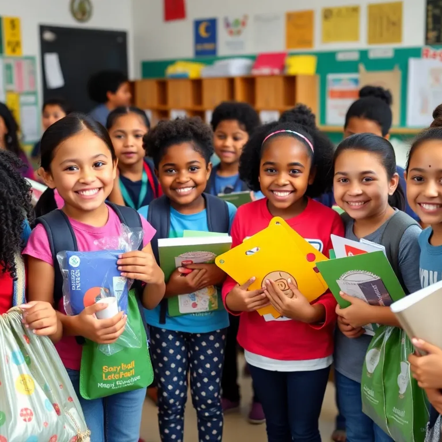 Students at Academy Prep receiving school supplies during a community drive