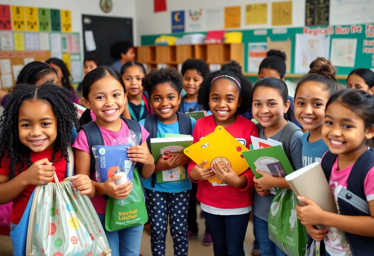 Students at Academy Prep receiving school supplies during a community drive
