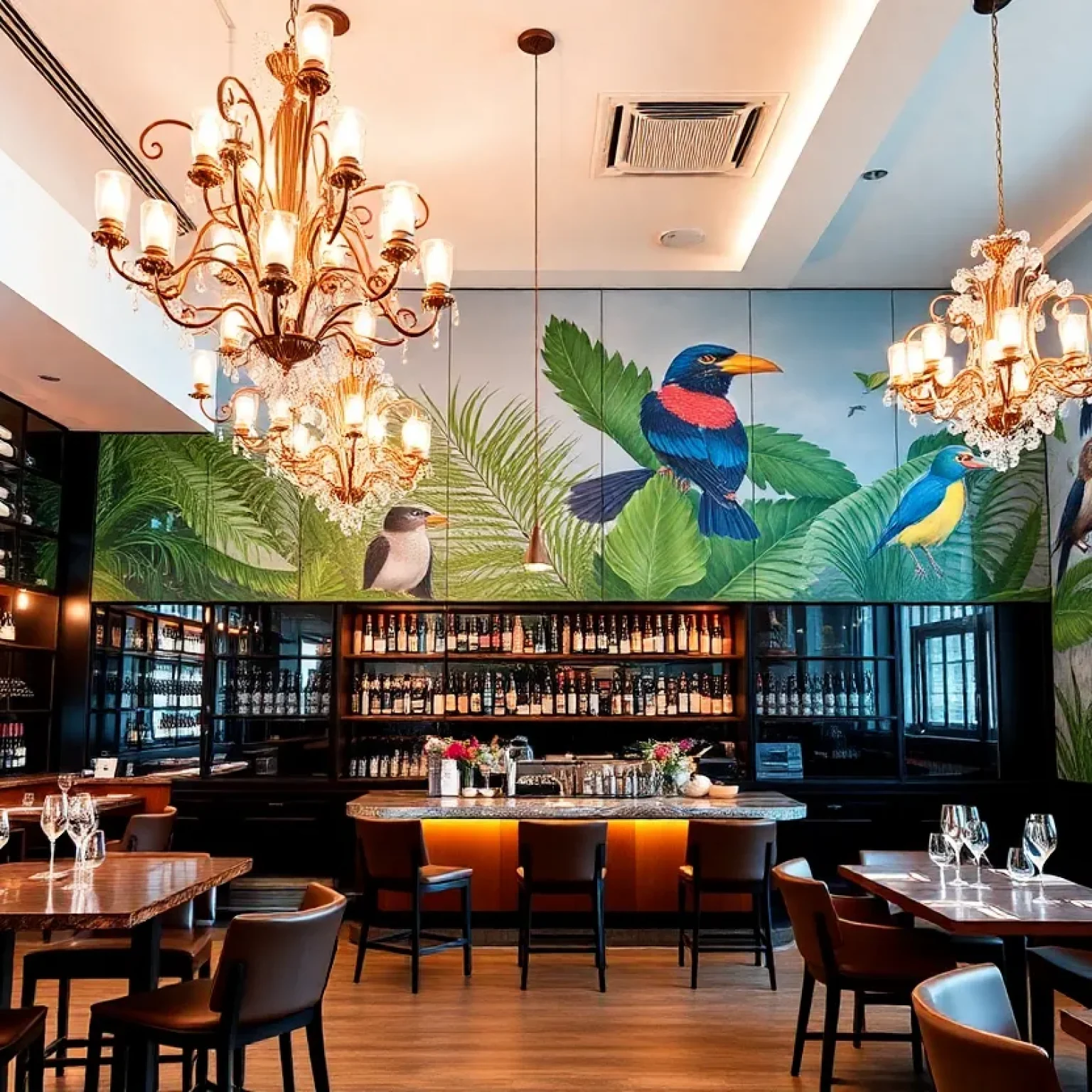 Interior view of Allelo Wine Bar showcasing a glass wine wall and chandeliers