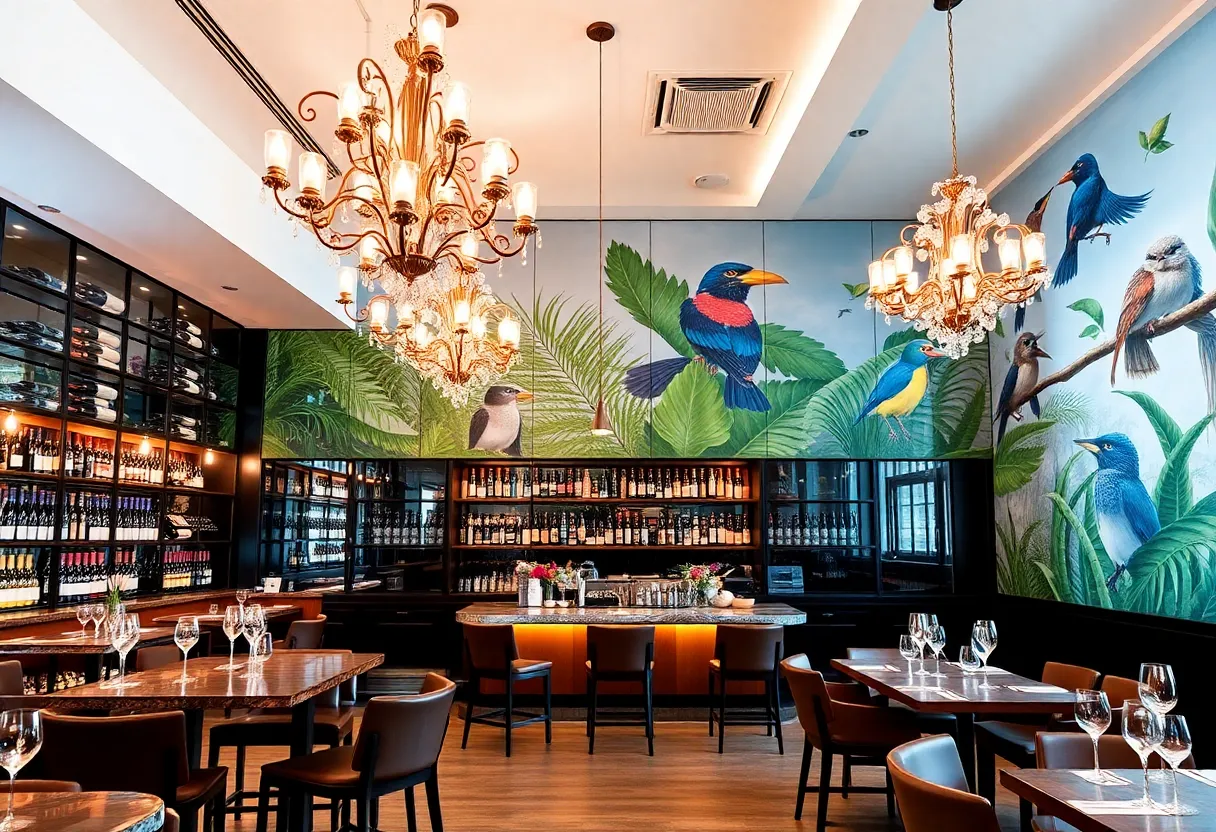 Interior view of Allelo Wine Bar showcasing a glass wine wall and chandeliers