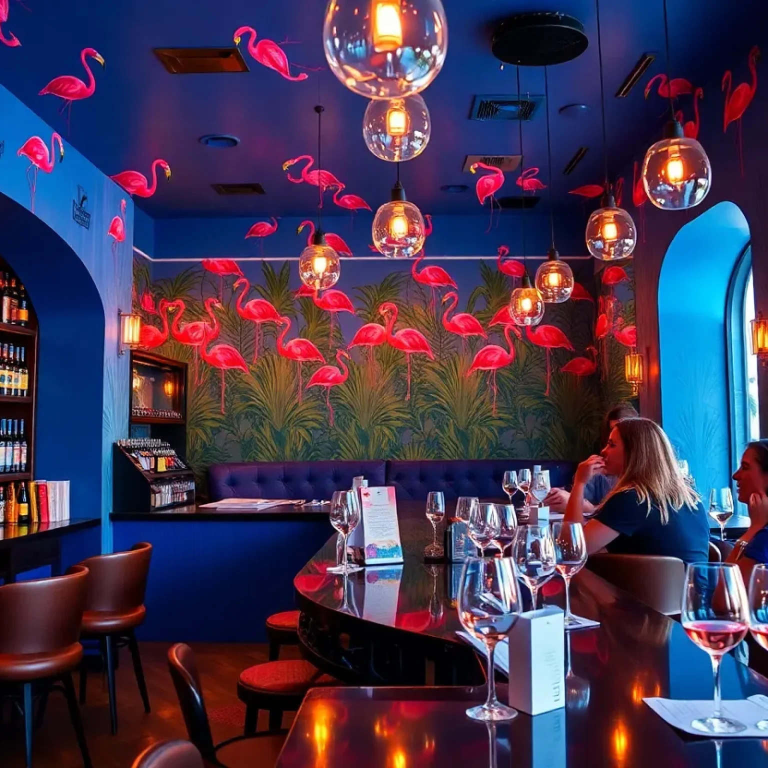 Interior of Allelo Wine Bar with vibrant flamingo motifs.