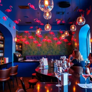 Interior of Allelo Wine Bar with vibrant flamingo motifs.