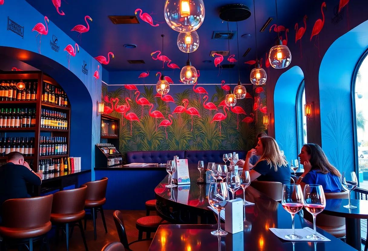 Interior of Allelo Wine Bar with vibrant flamingo motifs.