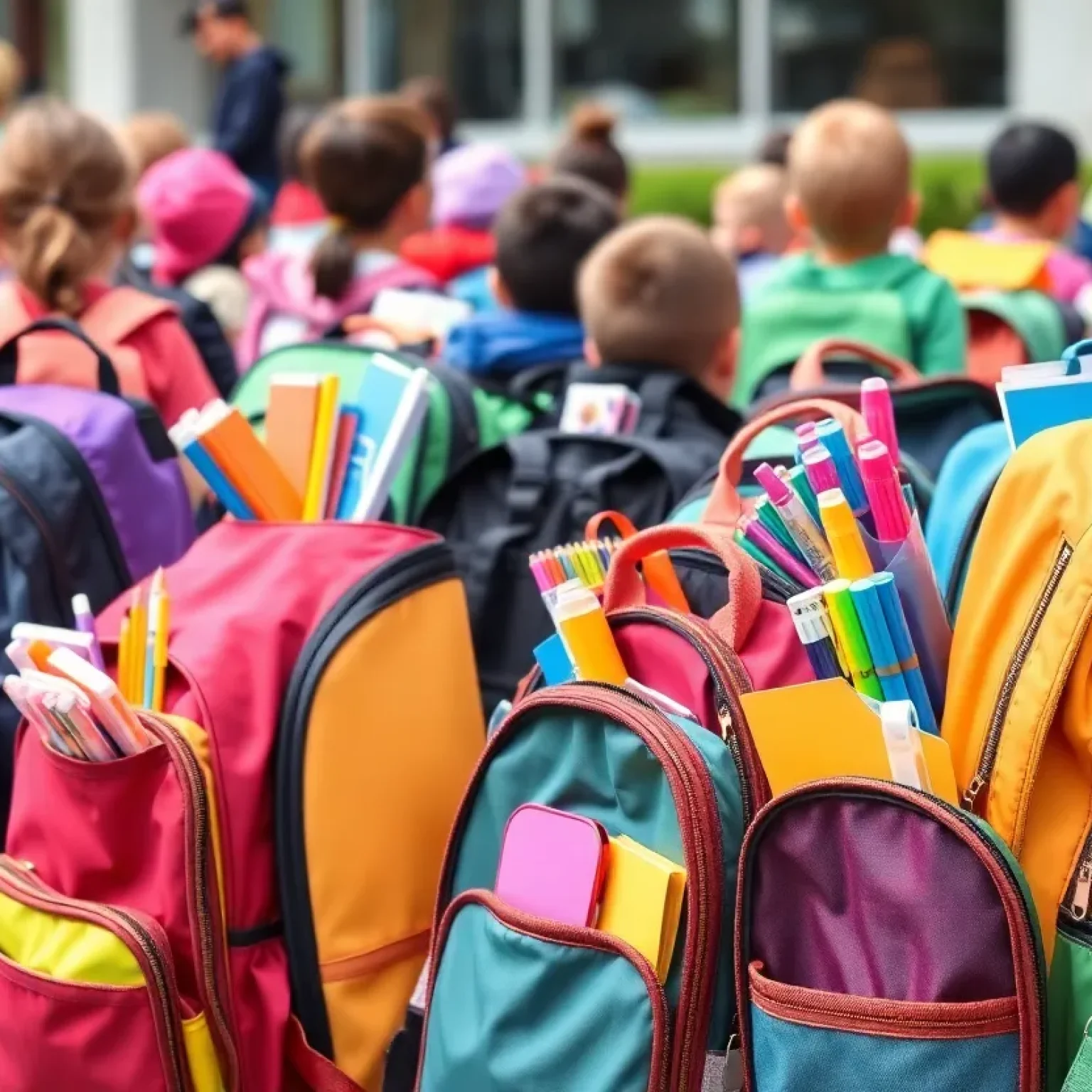 A collection of backpacks filled with school supplies for students.