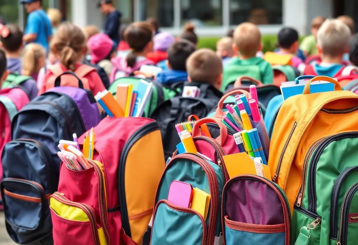 A collection of backpacks filled with school supplies for students.