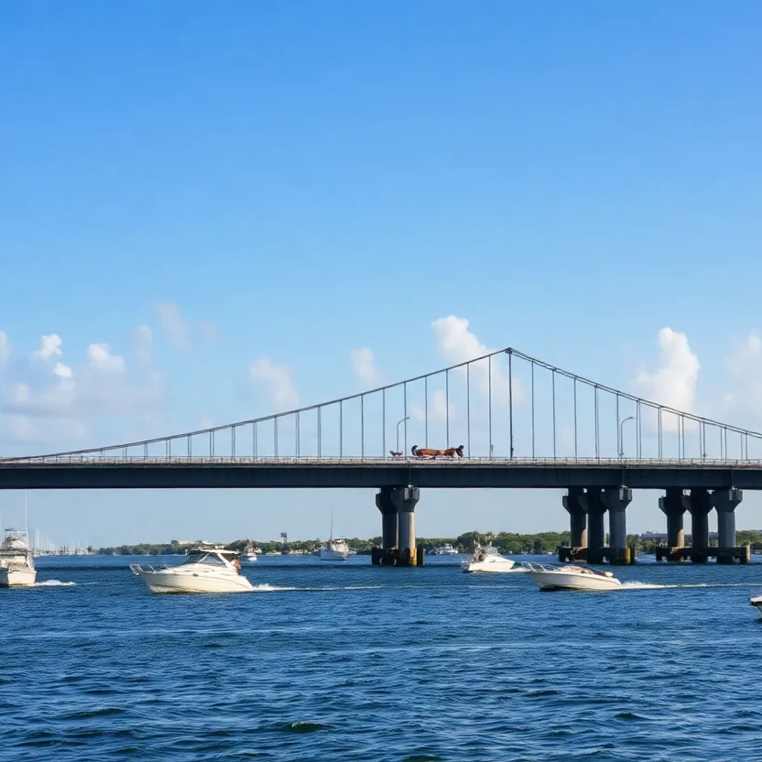 Boats on the water near Bay Pines Bridge during a holiday weekend