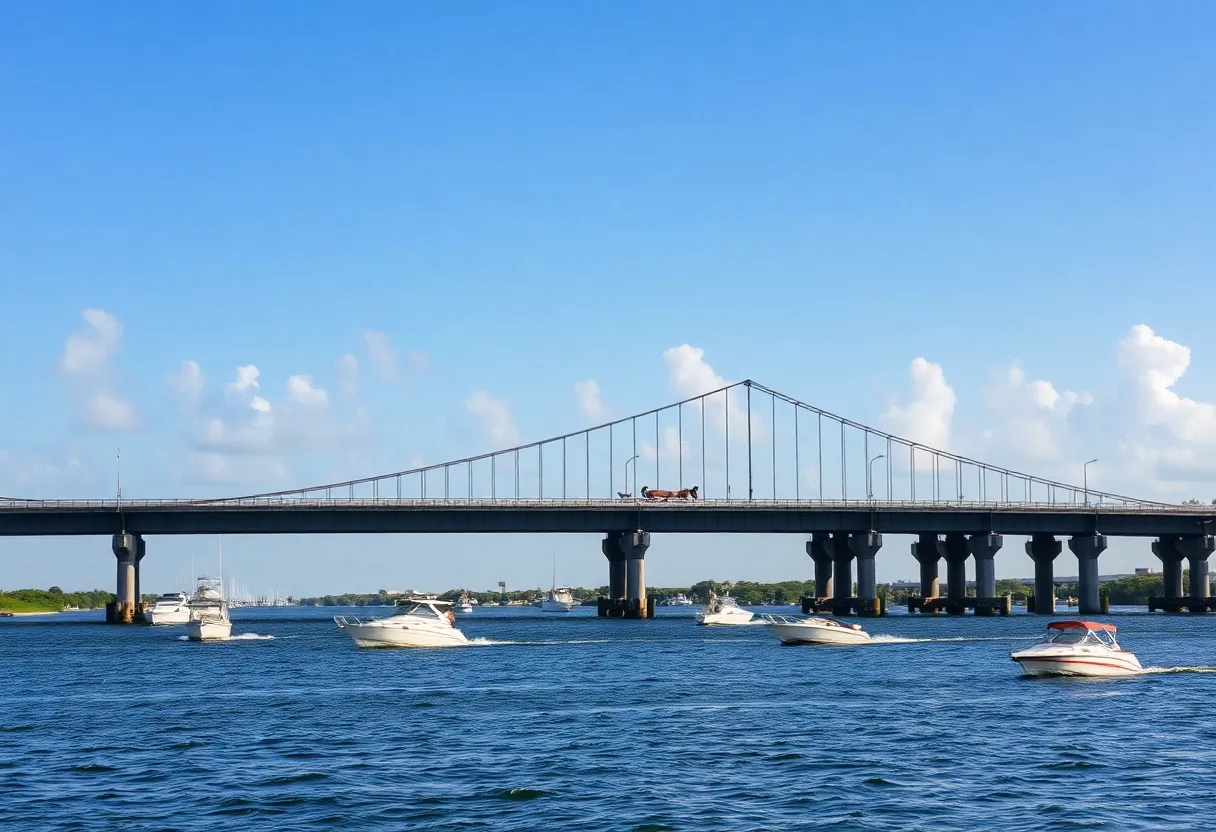 Boats on the water near Bay Pines Bridge during a holiday weekend