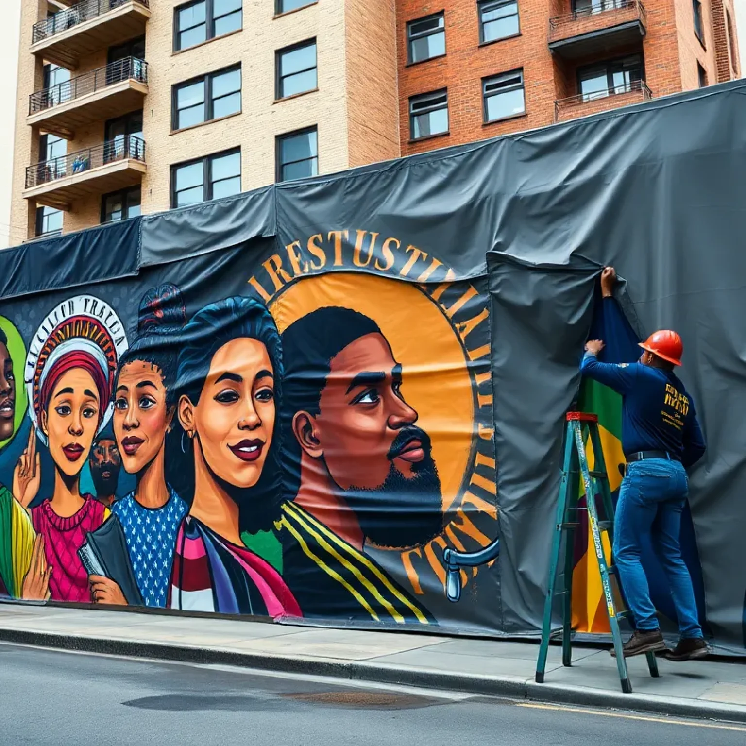 A colorful mural representing racial justice being painted over by a work crew