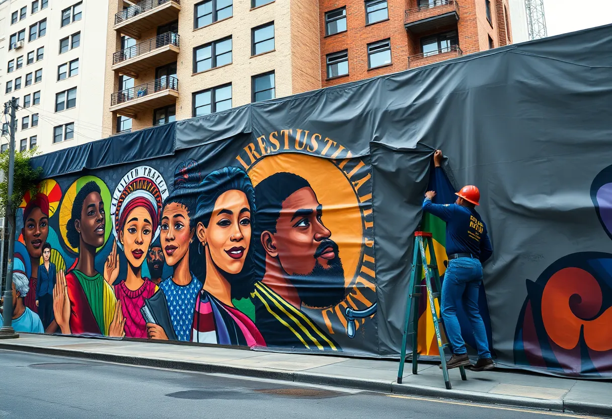 A colorful mural representing racial justice being painted over by a work crew
