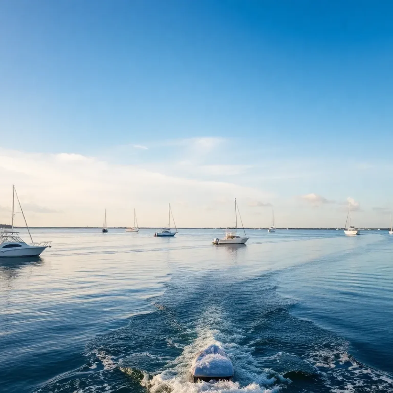 A sunset view over Boca Ciega Bay with recreational boats in the water.