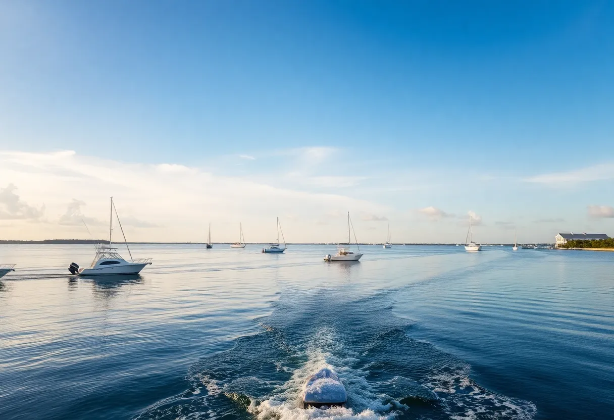 A sunset view over Boca Ciega Bay with recreational boats in the water.