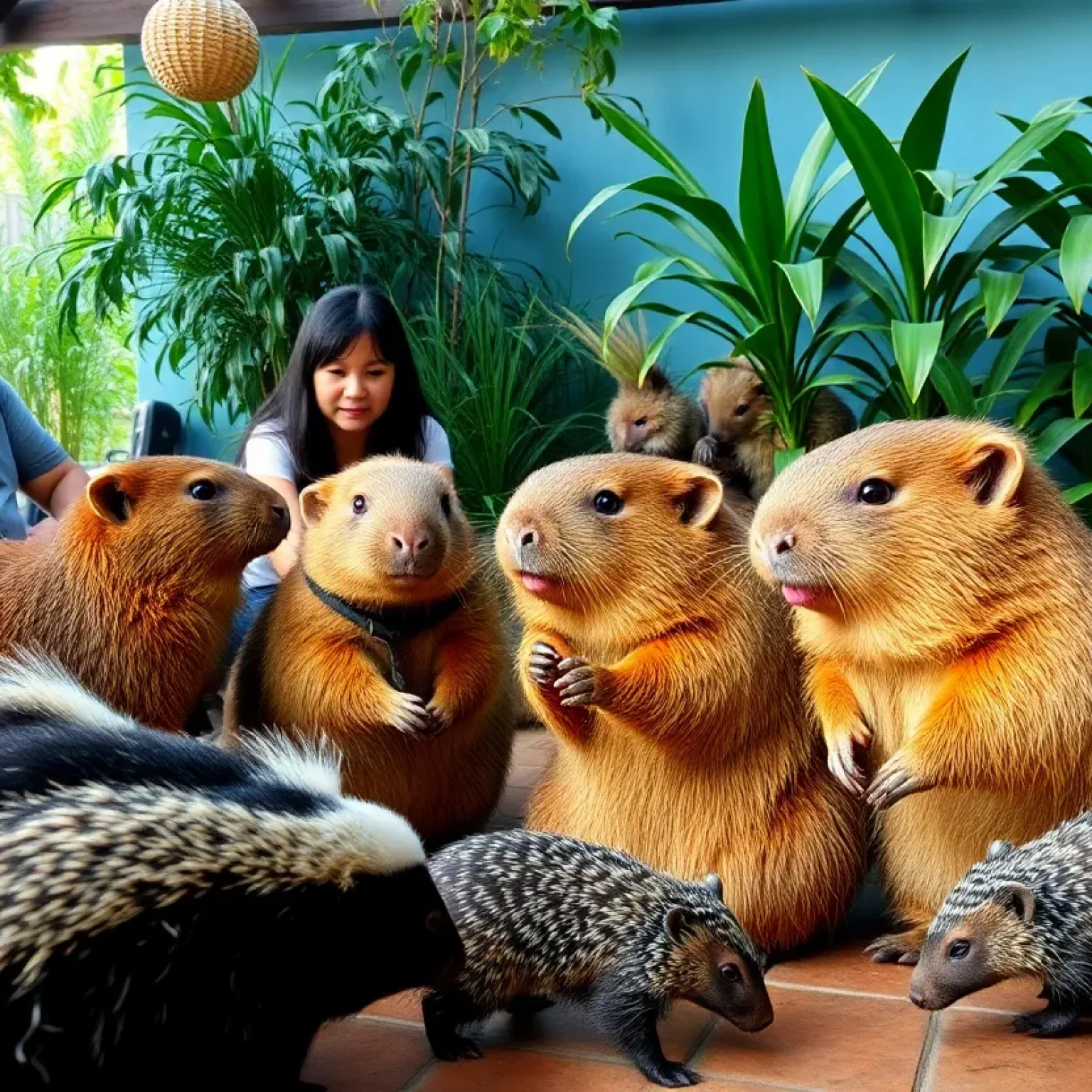 Visitors interacting with capybaras in a cafe