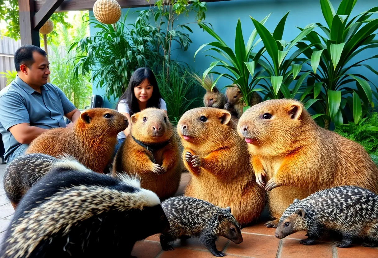Visitors interacting with capybaras in a cafe