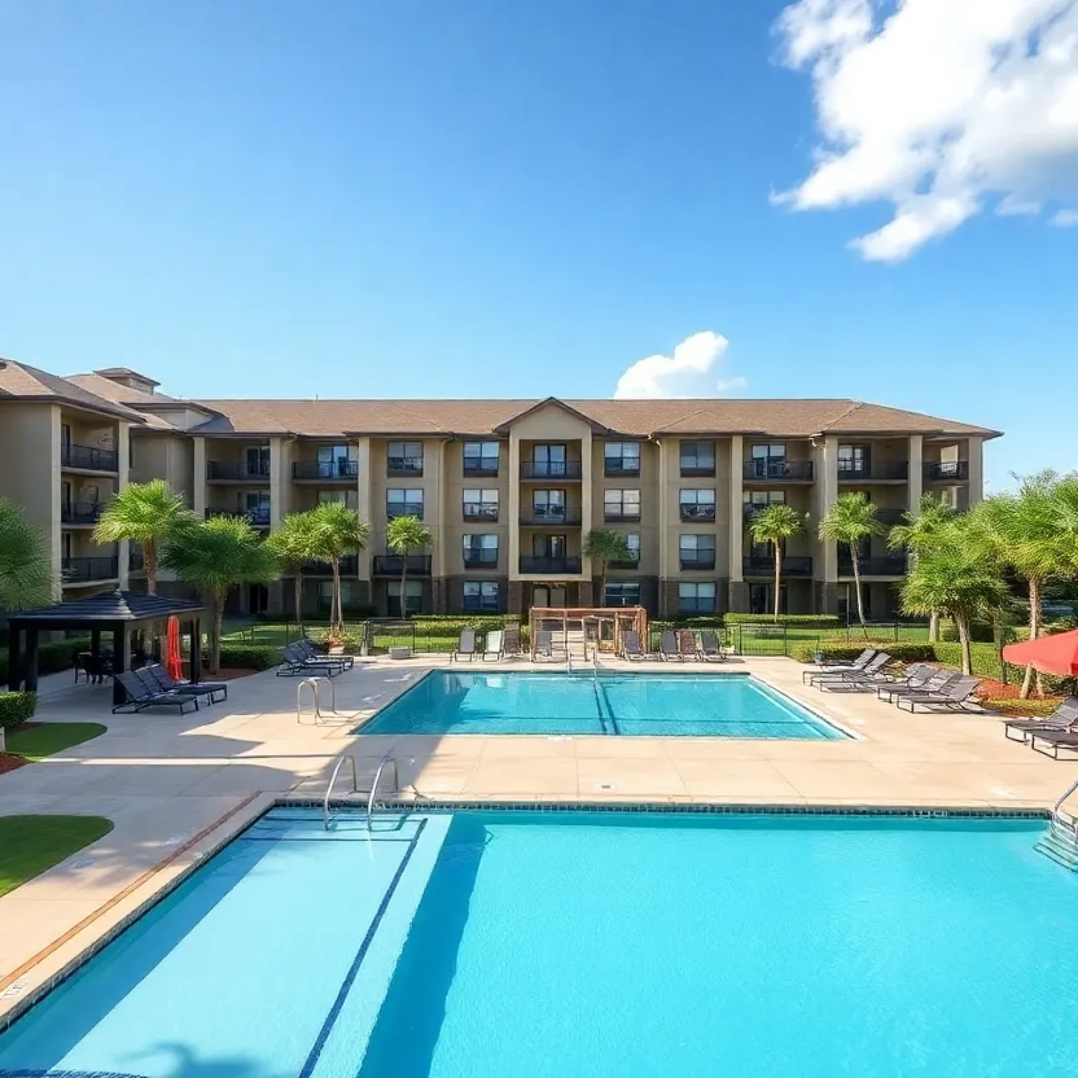 Exterior view of Carillon Bay Apartments in St. Petersburg, Florida, showcasing its amenities.