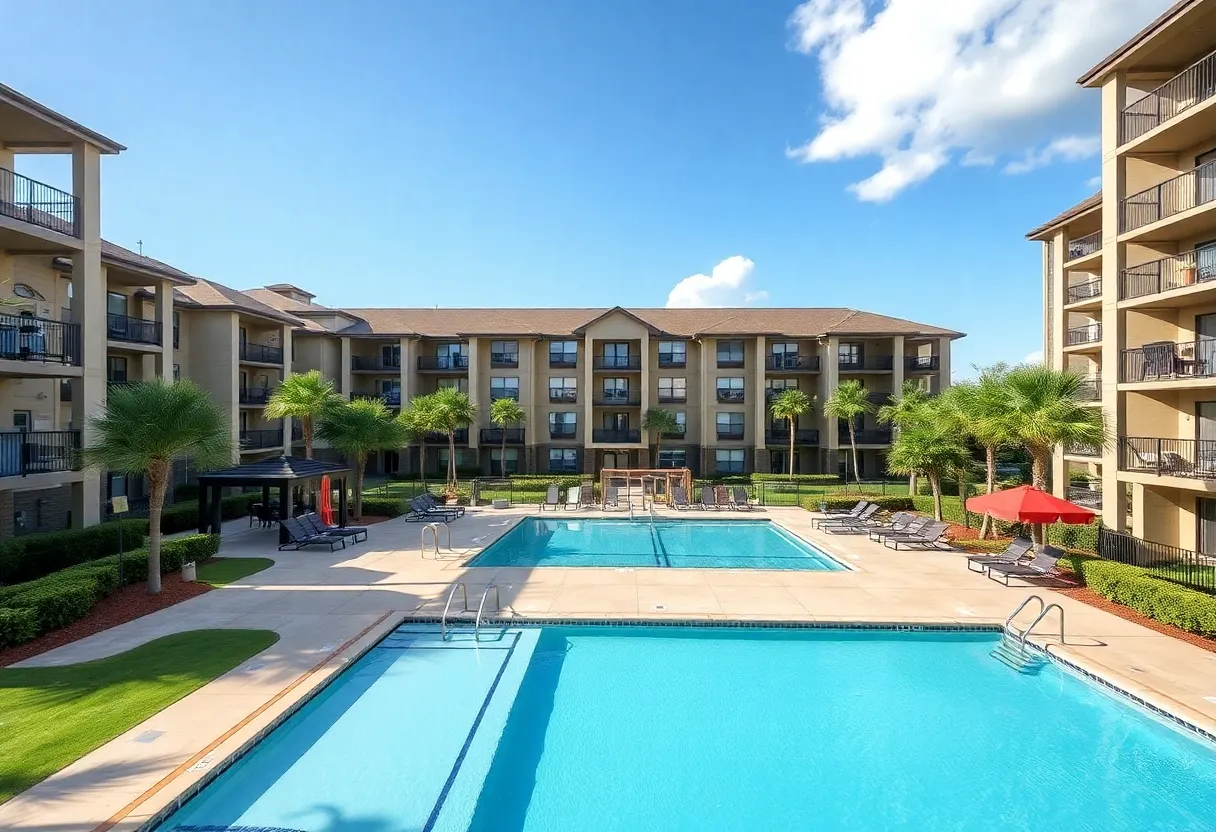 Exterior view of Carillon Bay Apartments in St. Petersburg, Florida, showcasing its amenities.