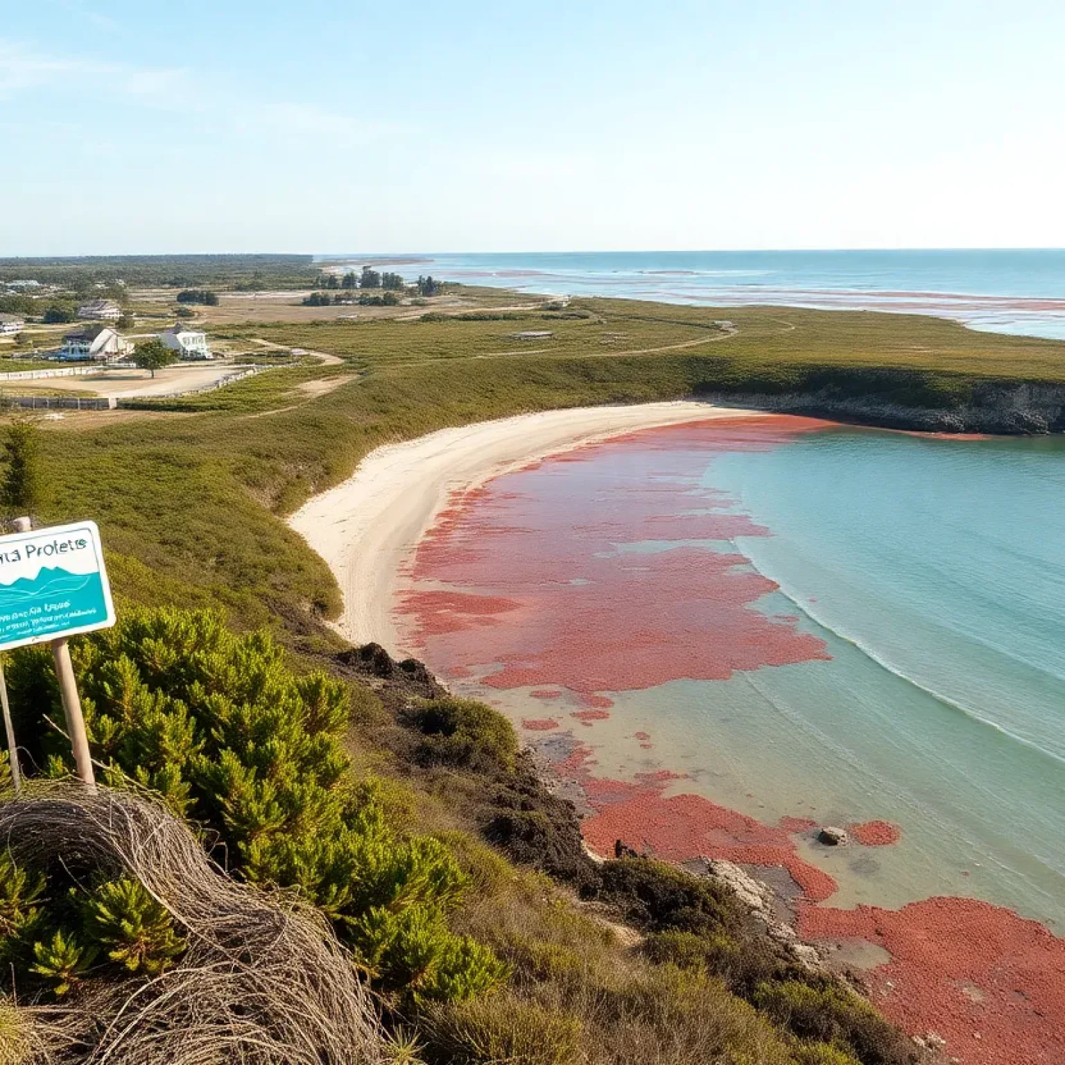 View of a coastal area with signs of red tide and marine conservation.