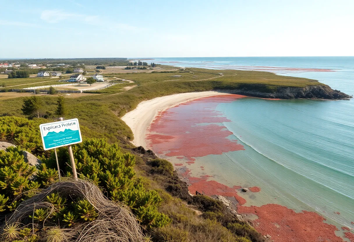 View of a coastal area with signs of red tide and marine conservation.