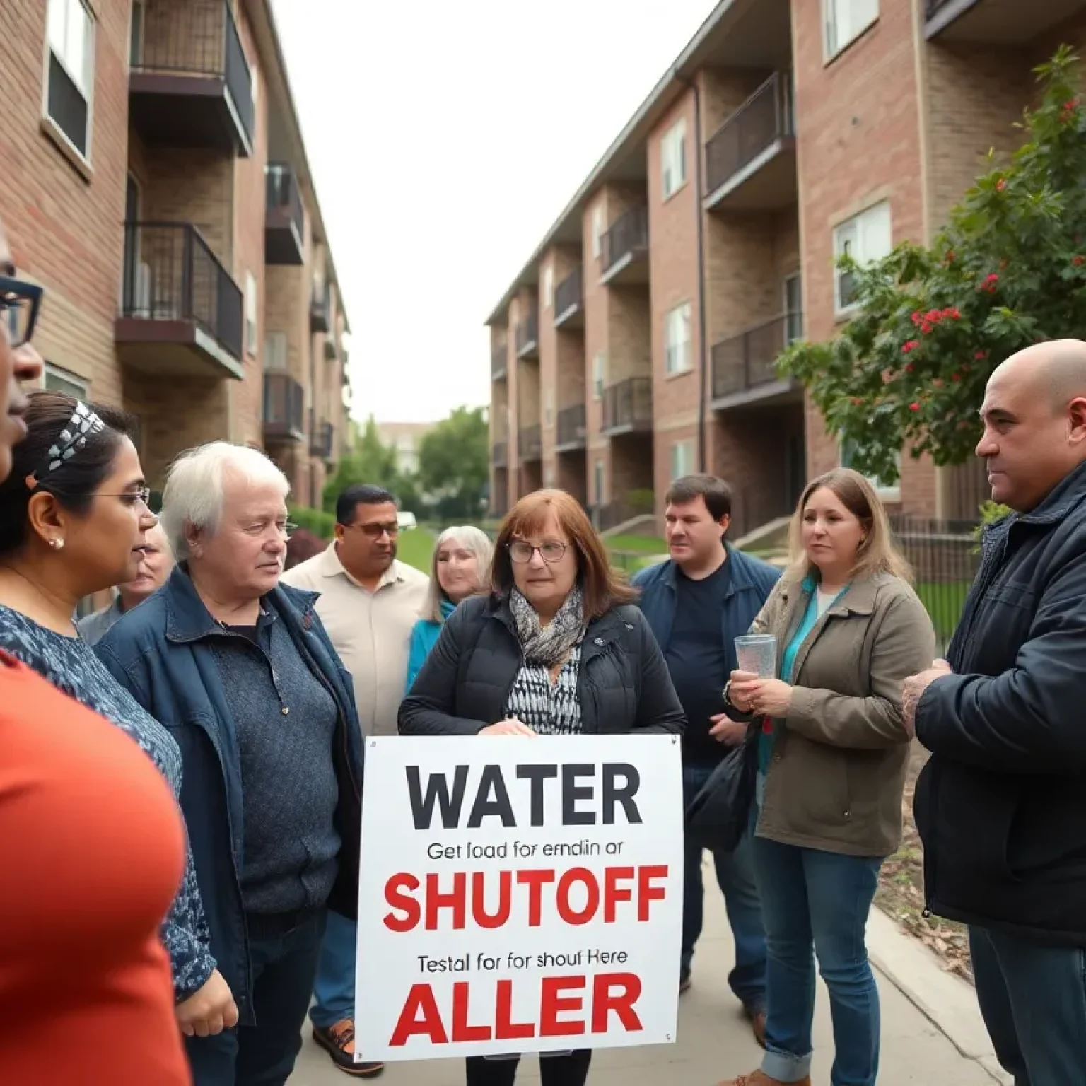 A group of worried tenants outside The Morgan apartment complex discussing their water service issues.