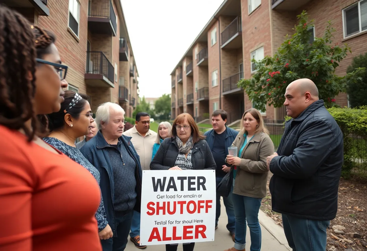 A group of worried tenants outside The Morgan apartment complex discussing their water service issues.