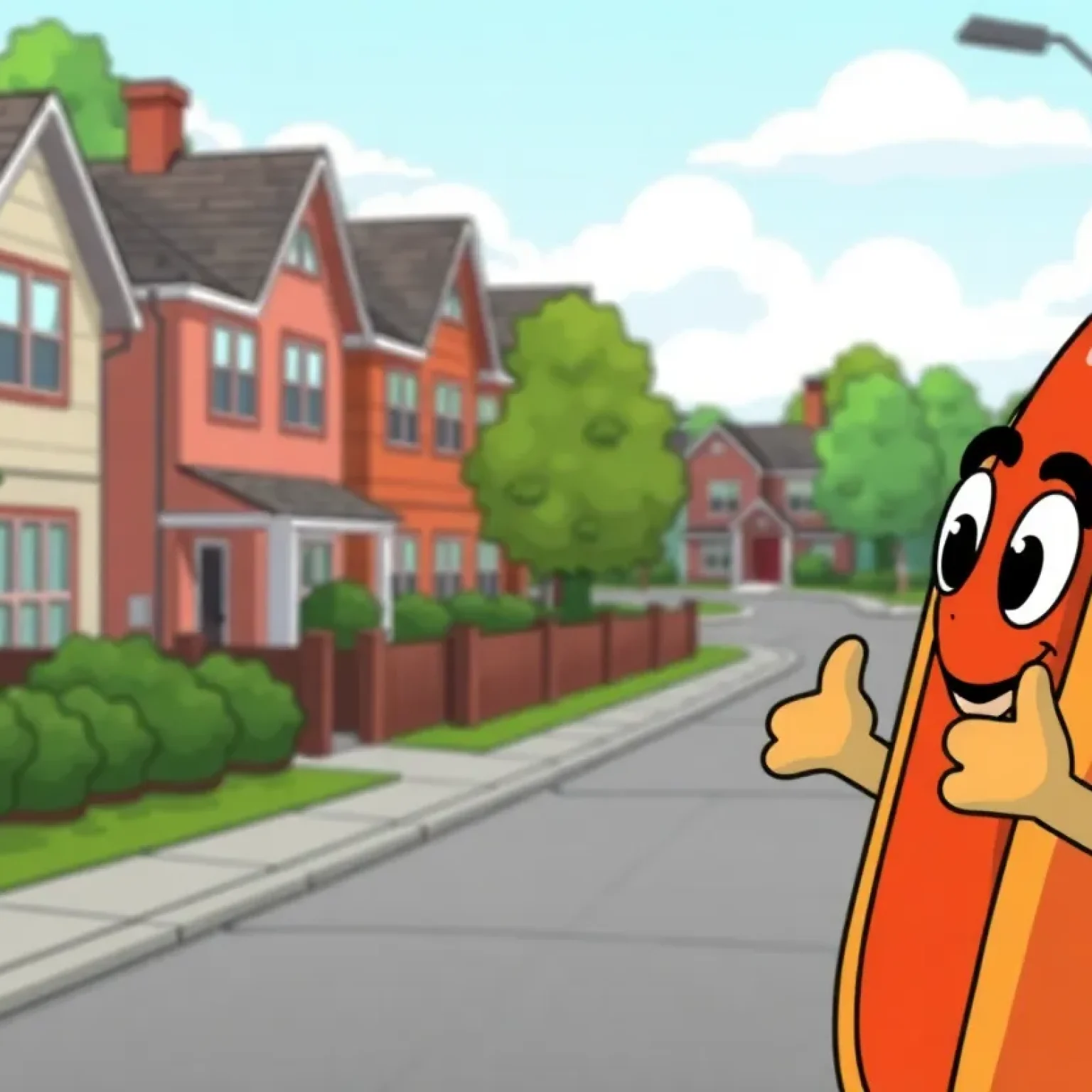 Cartoon image of a hot dog costume in a residential neighborhood near a school