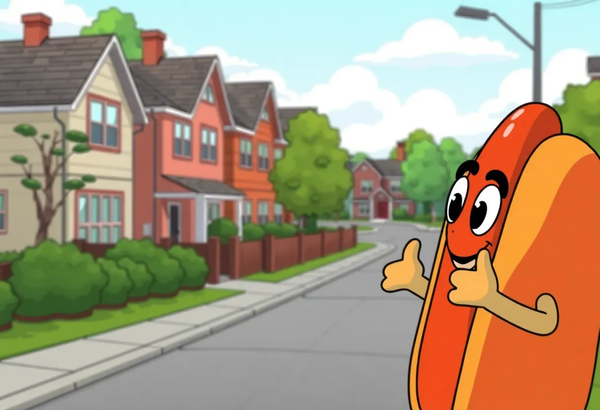 Cartoon image of a hot dog costume in a residential neighborhood near a school