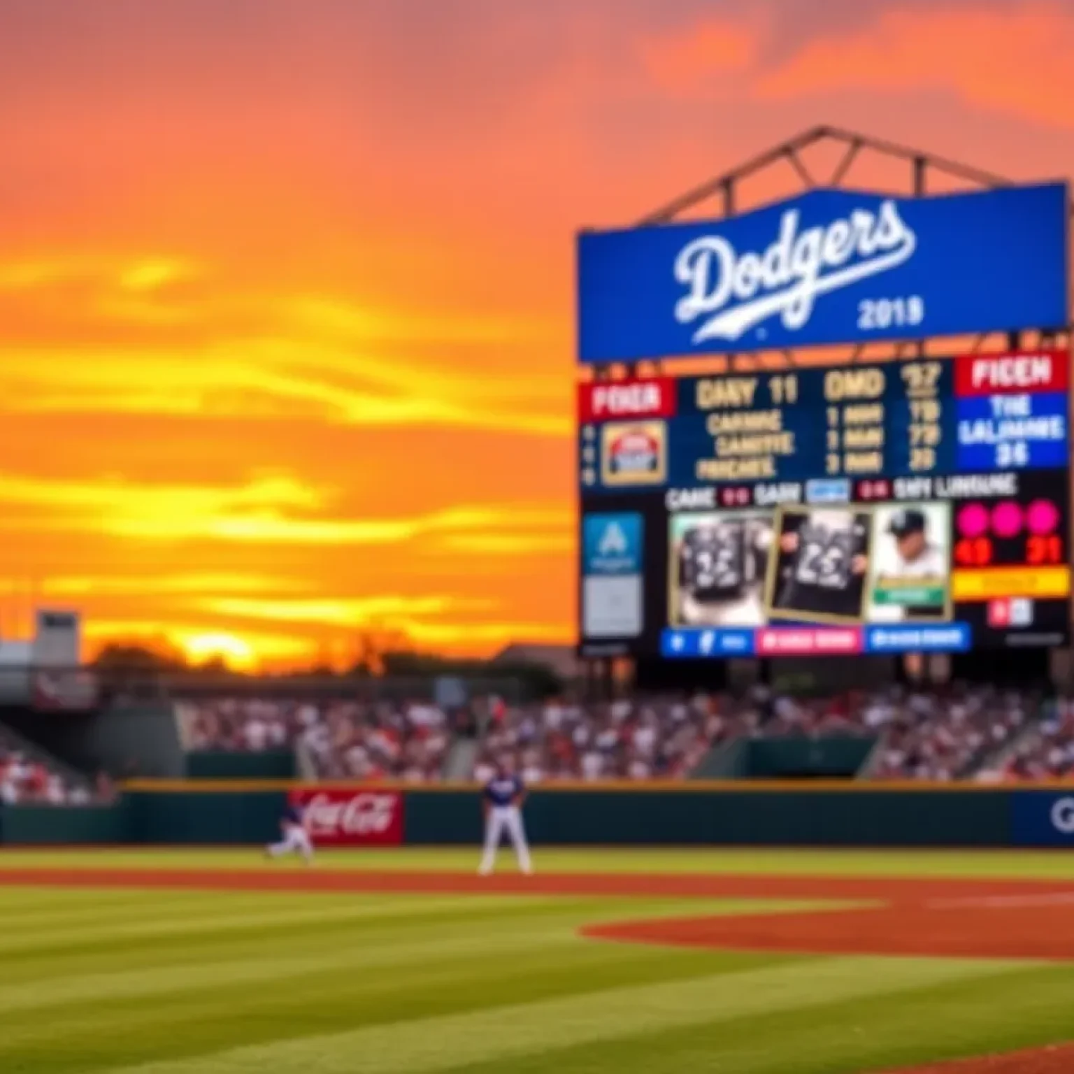 Baseball diamond with Dodgers logo under sunset