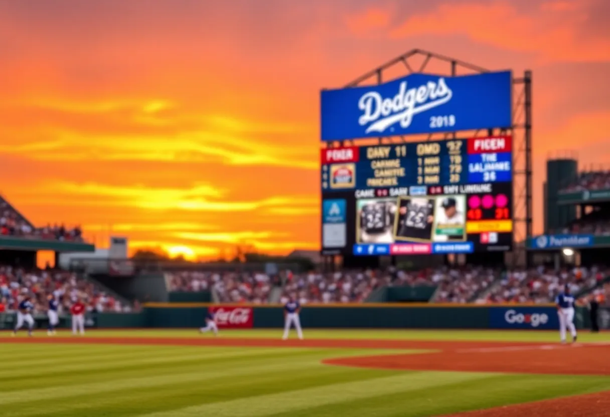 Baseball diamond with Dodgers logo under sunset