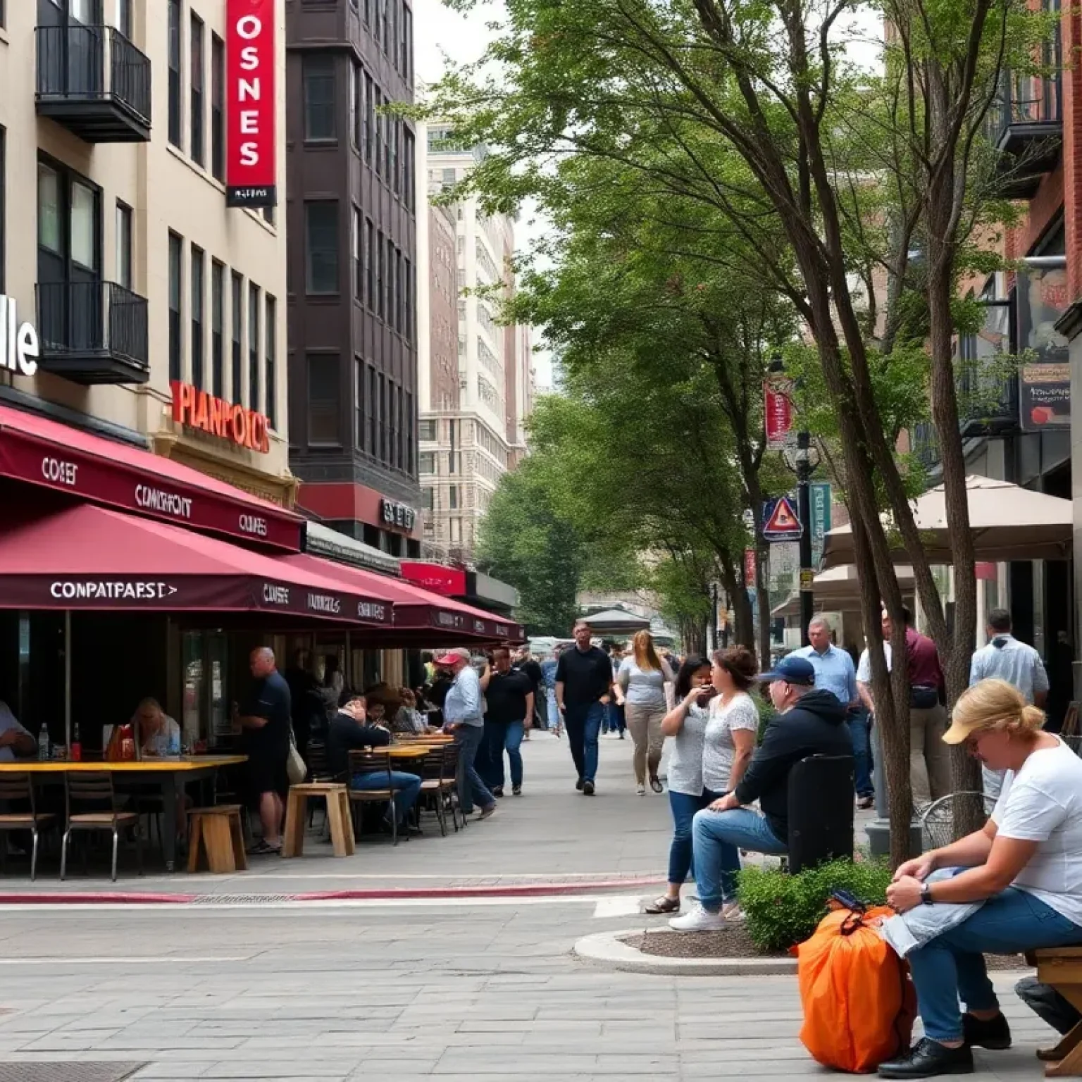 A bustling downtown area of St. Petersburg with restaurants and public seating.