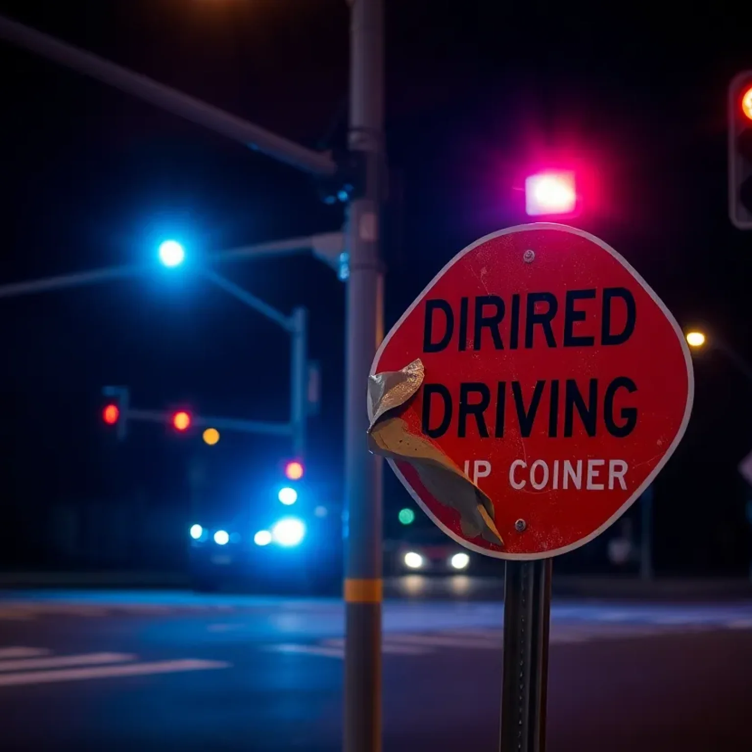 Police scene at a DUI crash involving a damaged sign