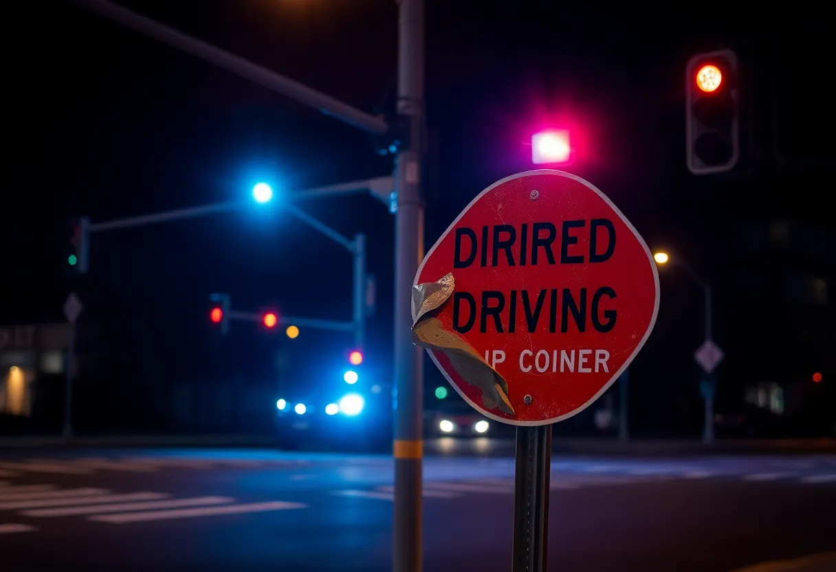 Police scene at a DUI crash involving a damaged sign