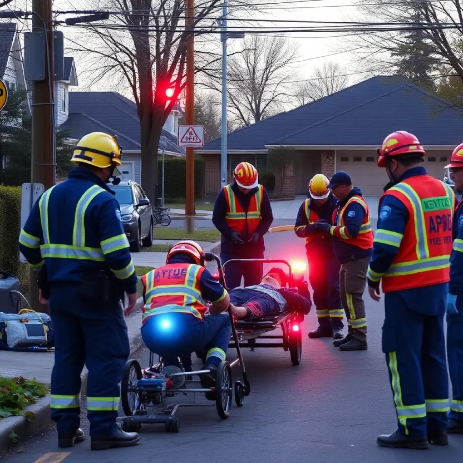 Emergency responders assisting injured workers at an electrical incident scene