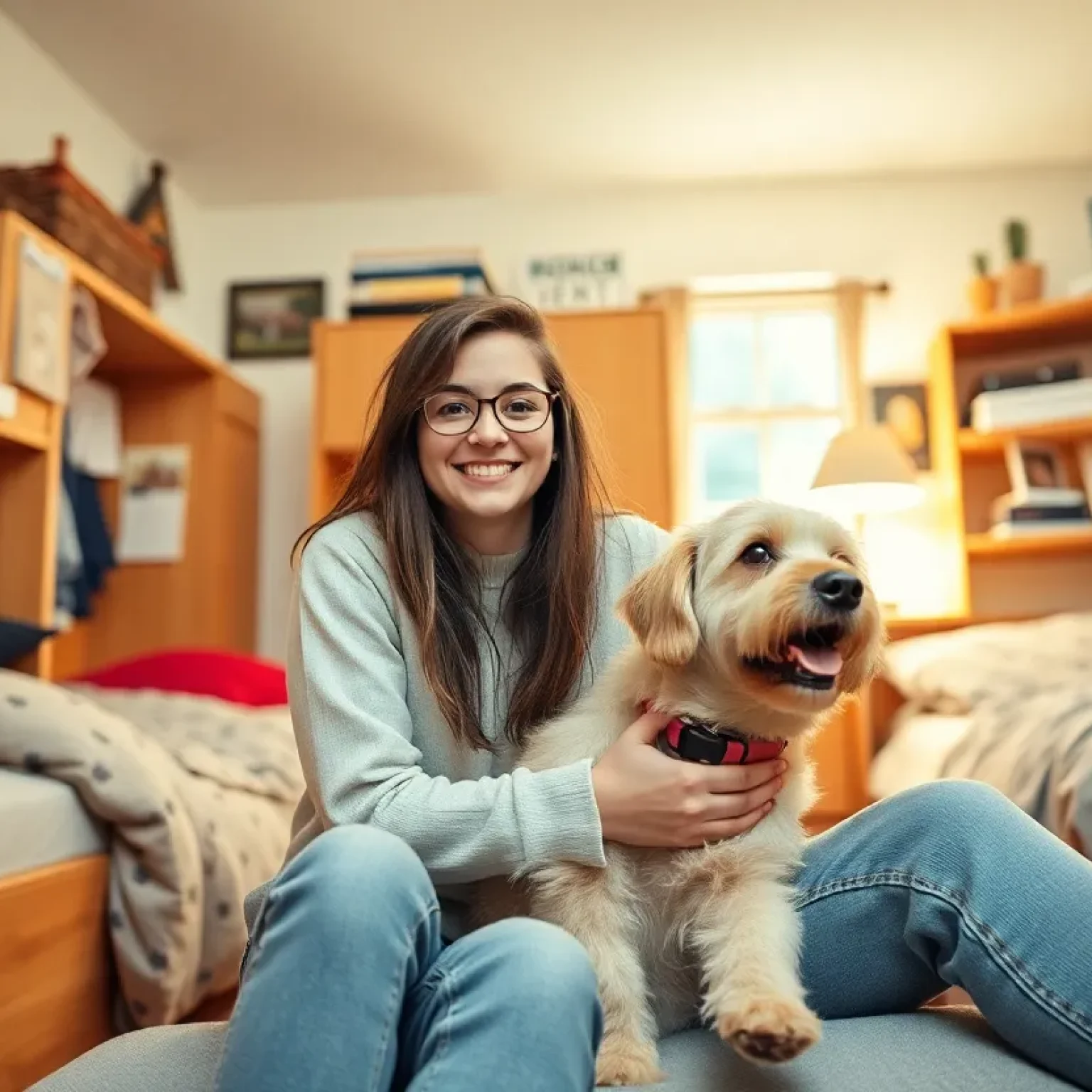 A student relaxing in a dorm room with their pet dog, showcasing a pet-friendly college environment.