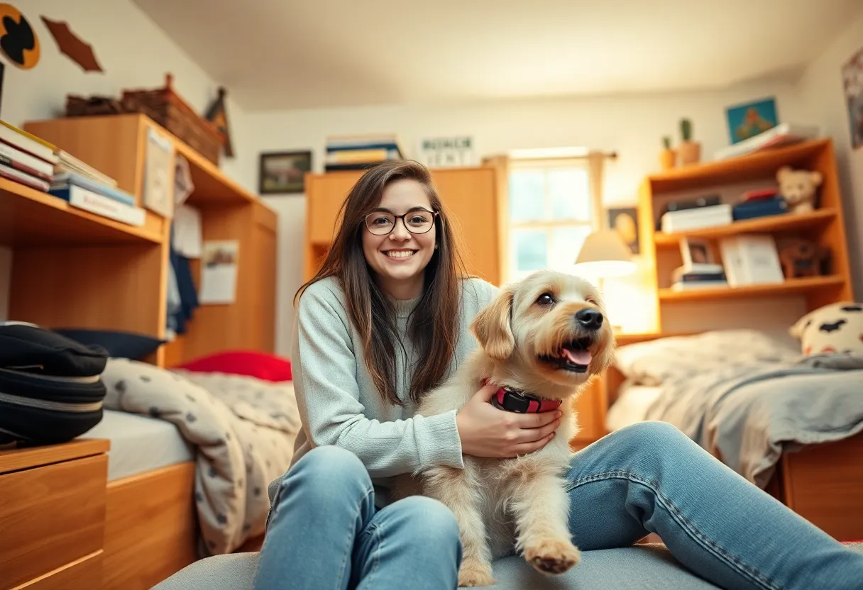 A student relaxing in a dorm room with their pet dog, showcasing a pet-friendly college environment.