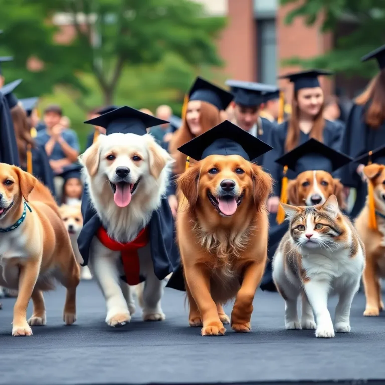 Graduating pets at Eckerd College attended by students in caps and gowns.
