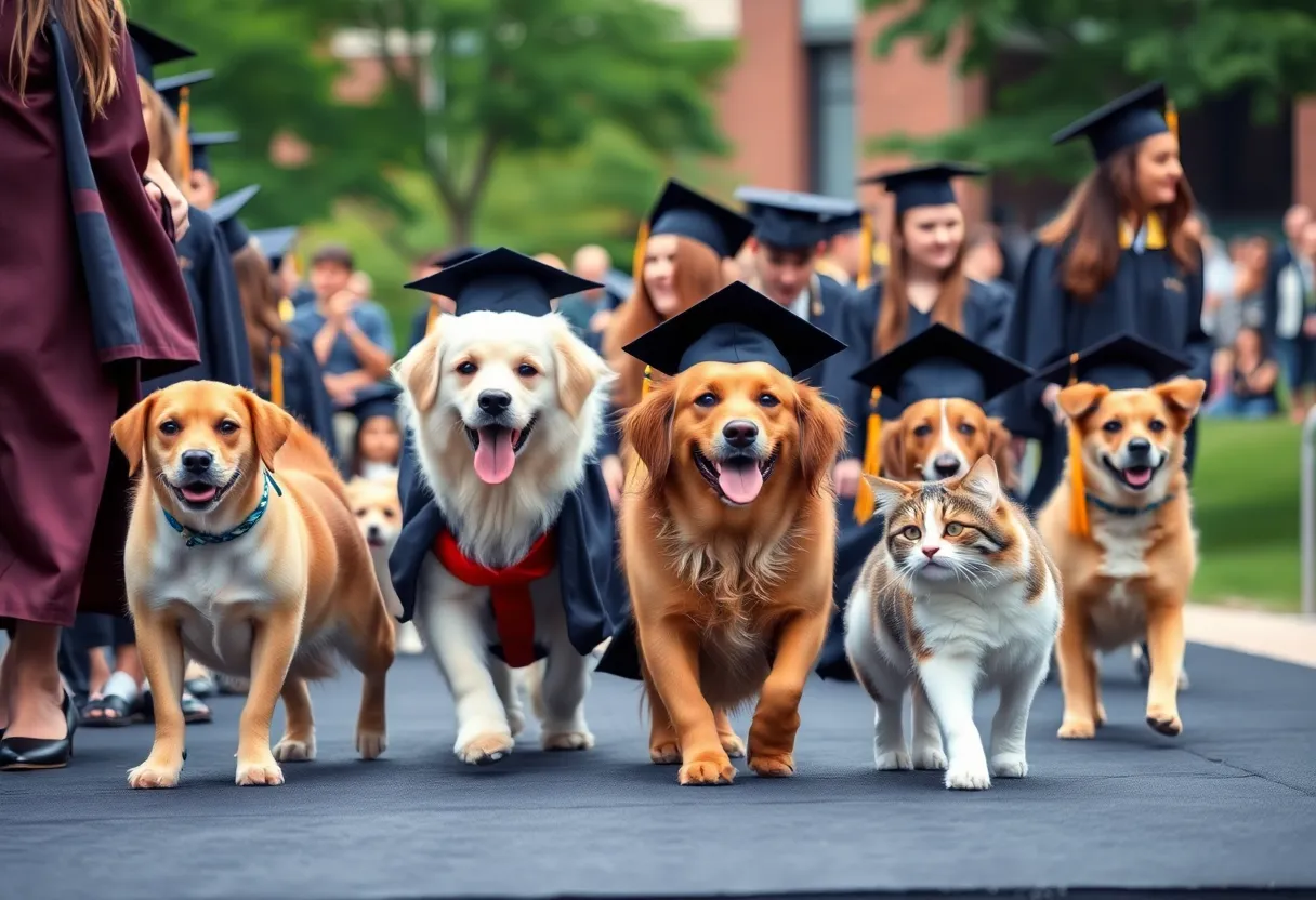 Graduating pets at Eckerd College attended by students in caps and gowns.