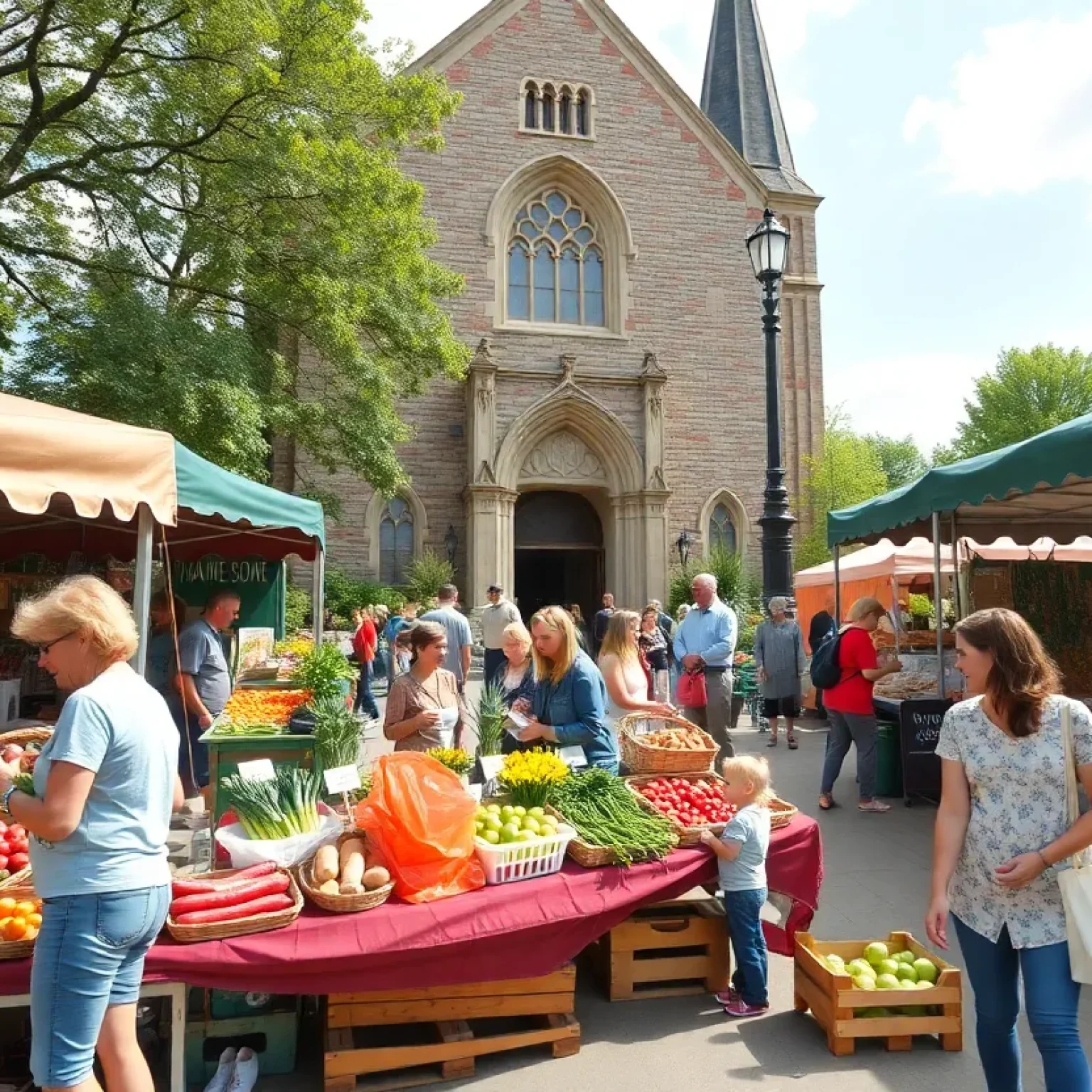 Farmers market with vendors outside a historic church