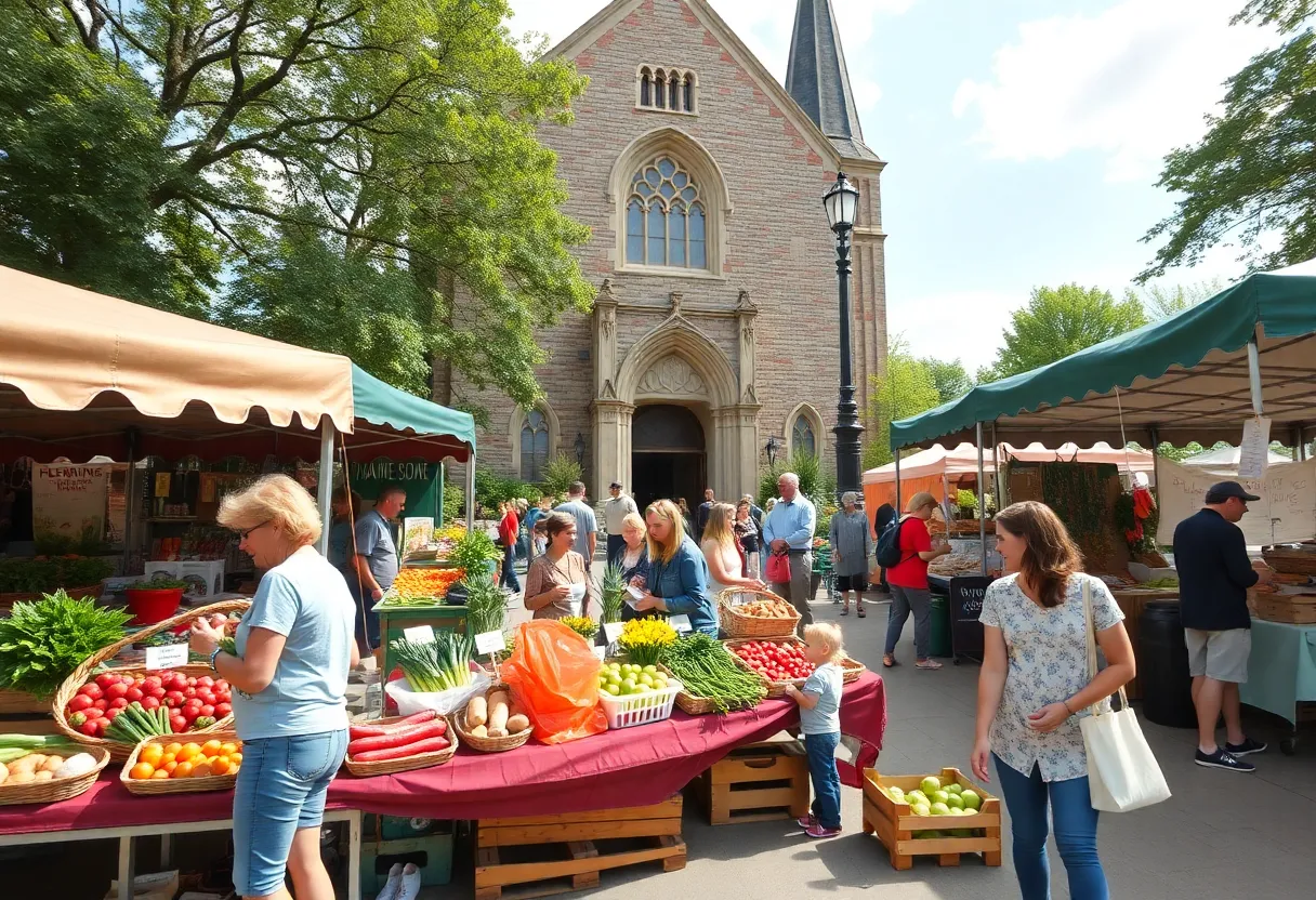 Farmers market with vendors outside a historic church